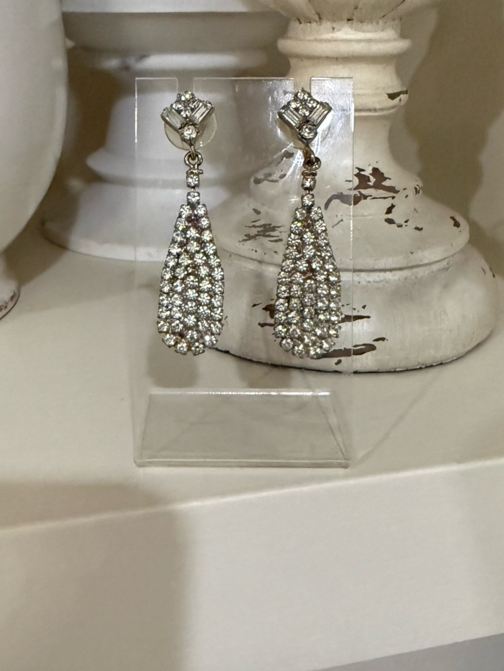 Vintage Teardrop Rhinestone Earrings - Silver Tone